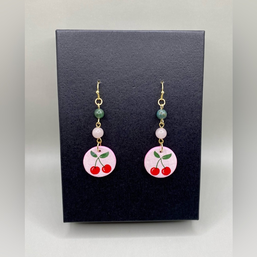 🍒Rose Quartz Green Jasper Cherry Drop Earrings